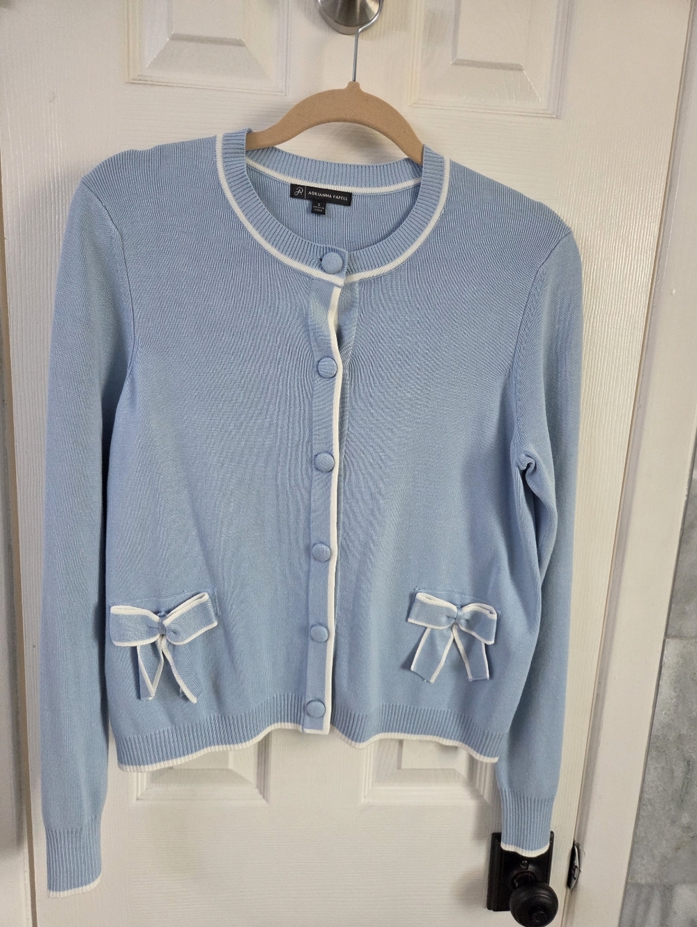 Adrianna Papell Light Blue Cardigan with White Trim & Pocket Bows